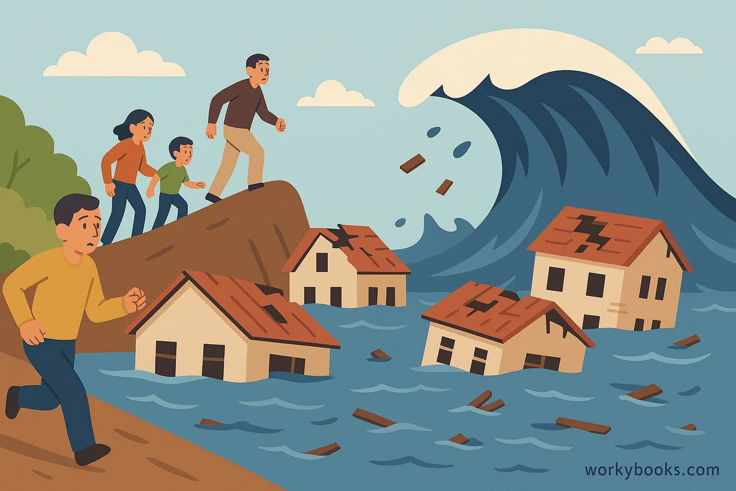 Illustration showing tsunami impacts on coastal communities