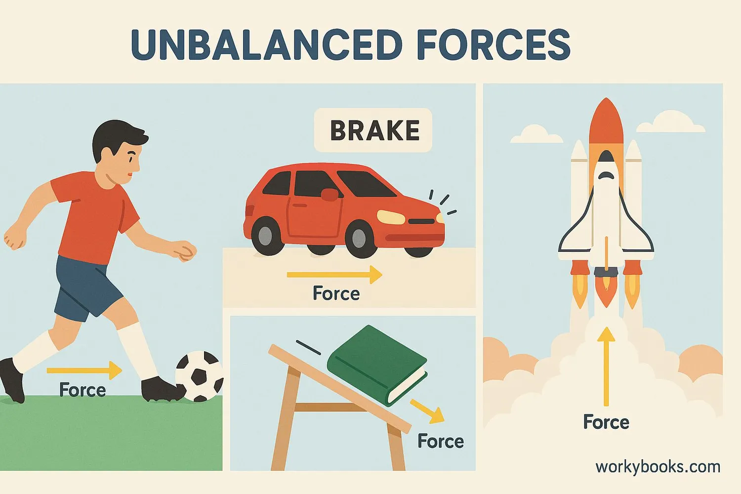 Collection of real-world examples showing unbalanced forces in action: soccer kick, braking car, rocket launch, etc.