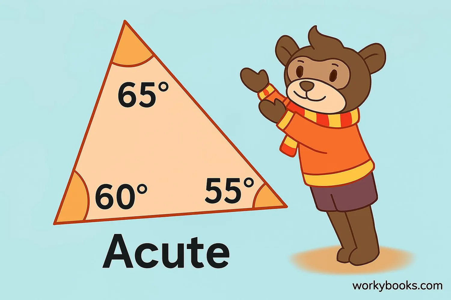 Acute triangle with angles 65°, 55°, and 60° all less than 90°