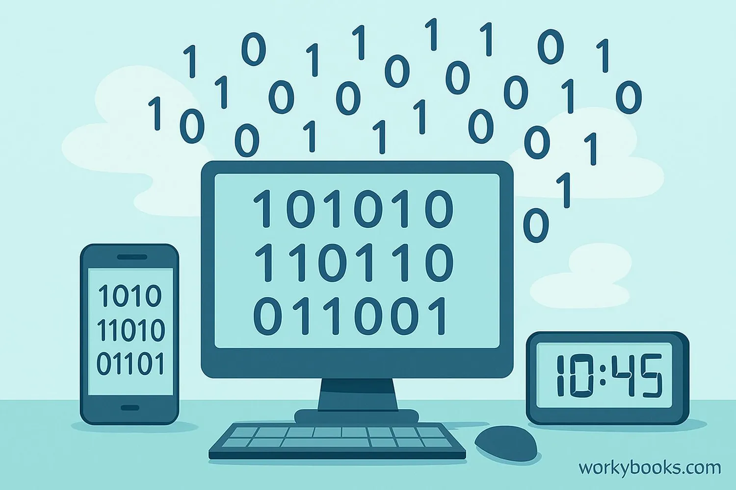 Everyday digital devices showing binary concepts