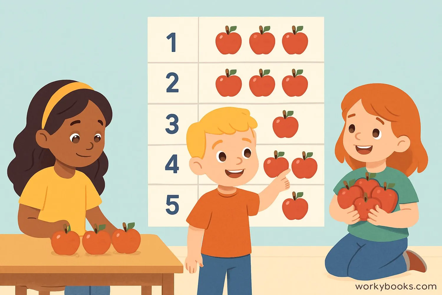 Children counting apples and matching the count to numbers on a chart