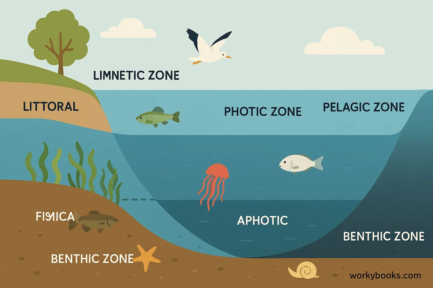 Diagram showing different zones in aquatic ecosystems