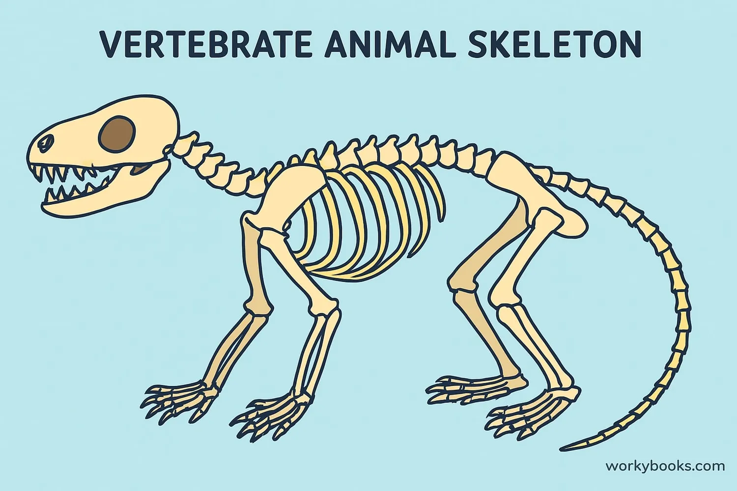 Diagram showing the internal anatomy of a vertebrate animal highlighting backbone, skull, ribs, and nervous system