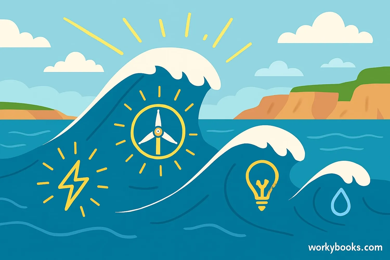 Ocean waves with energy symbols radiating from them