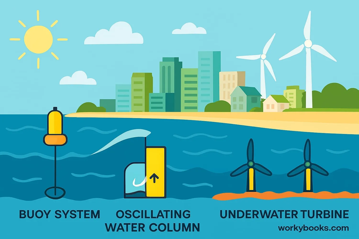 Clean coastal city powered by wave energy with no pollution