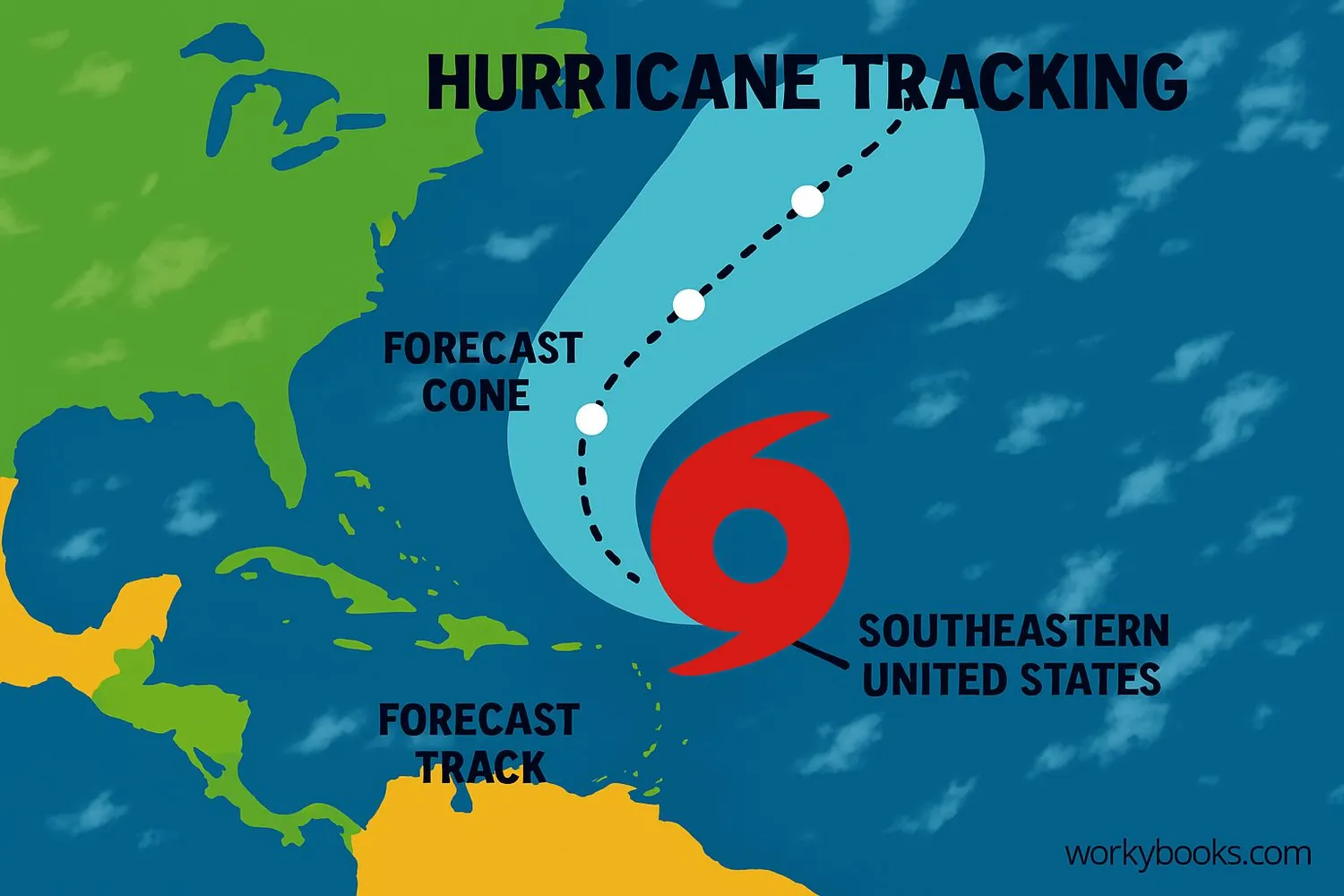 Weather map showing hurricane tracking with satellite imagery