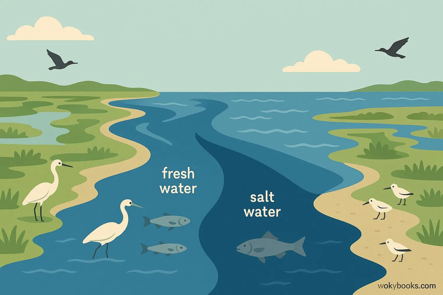 Estuary where river meets ocean showing freshwater and saltwater mixing
