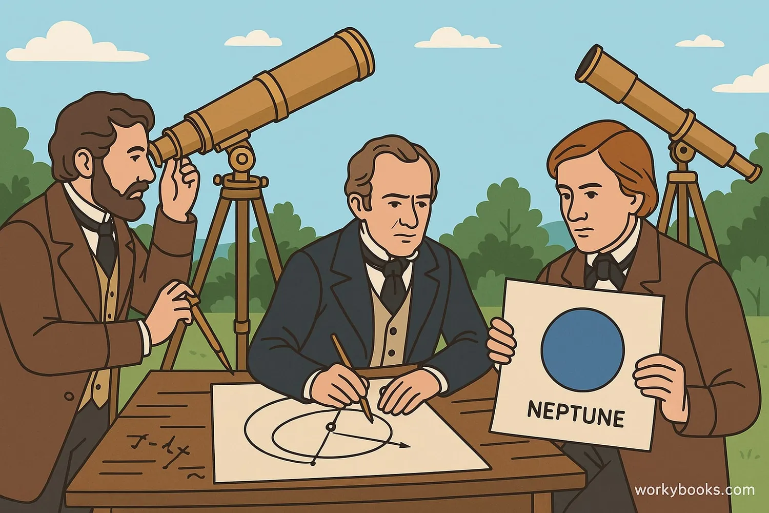 Illustration showing astronomers discovering Neptune through mathematics