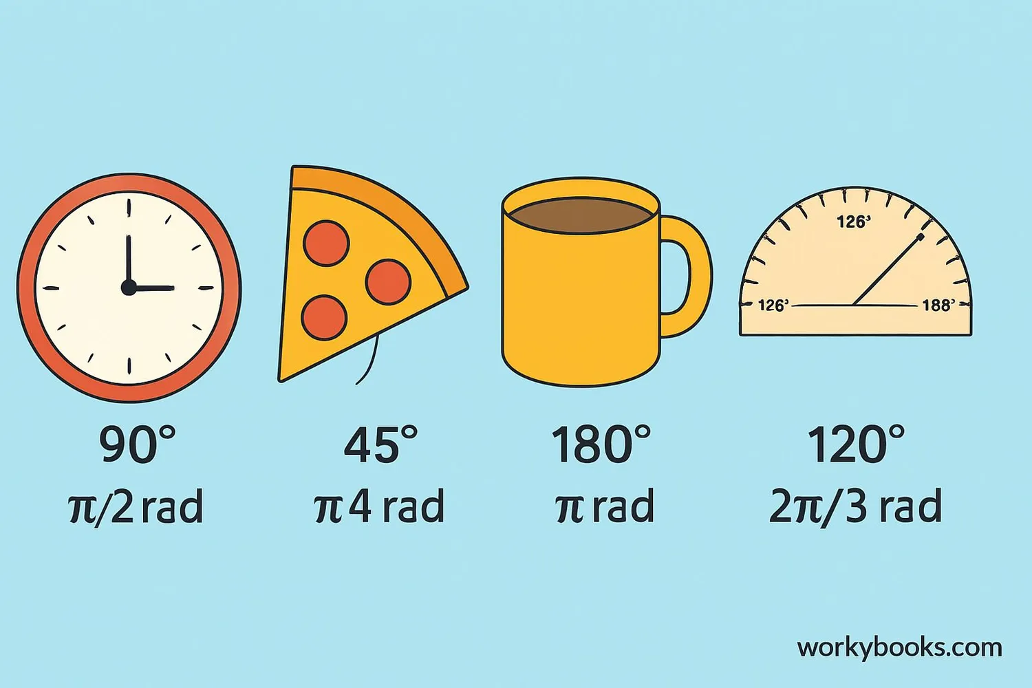 Everyday objects showing angles in both radians and degrees