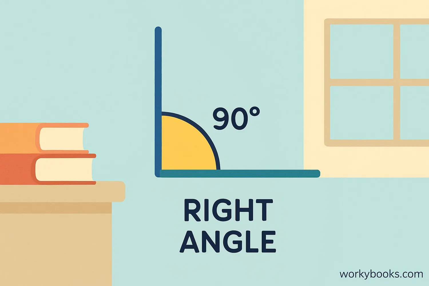Illustration showing a right angle formed by two perpendicular lines with a 90-degree arc and measurement marker