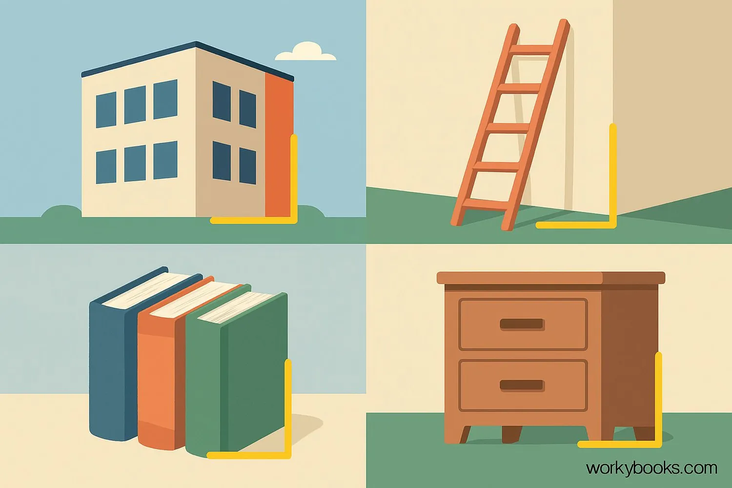 Collage of real-world right angles: buildings, ladders against walls, books, and other rectangular objects