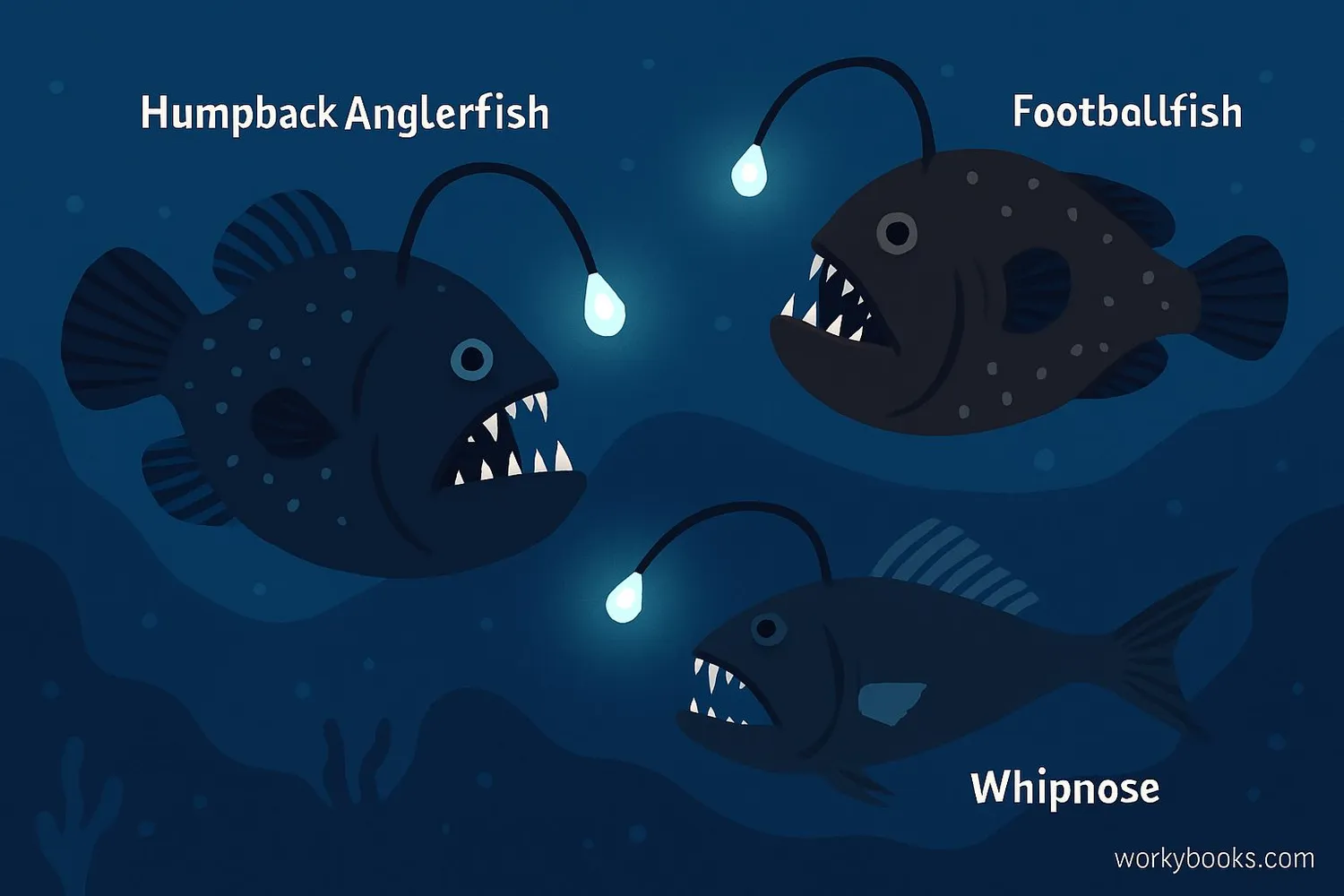 Various types of anglerfish in deep ocean environment