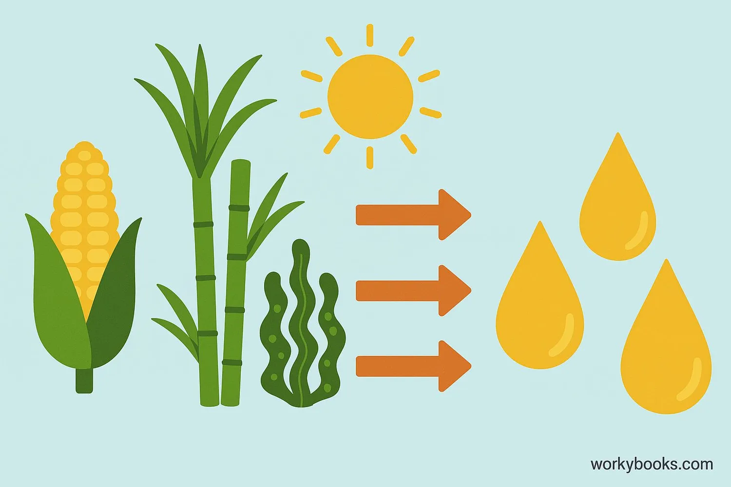 Illustration showing plants being converted into fuel with arrows showing the process