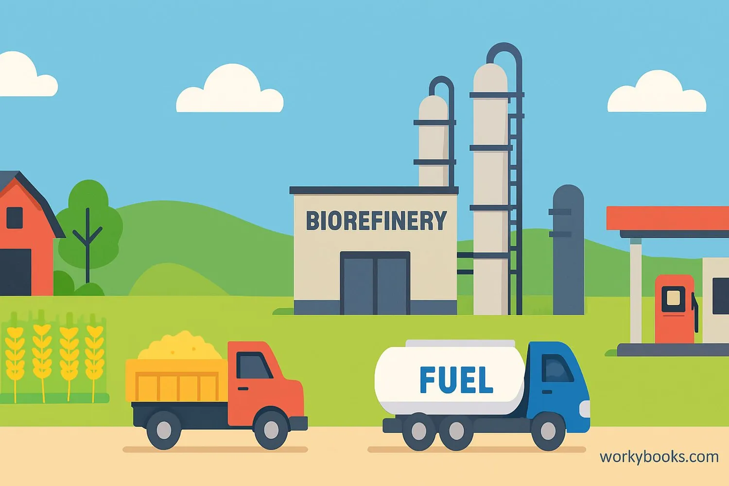 Illustration of biofuel production process from farm to refinery to fuel pump