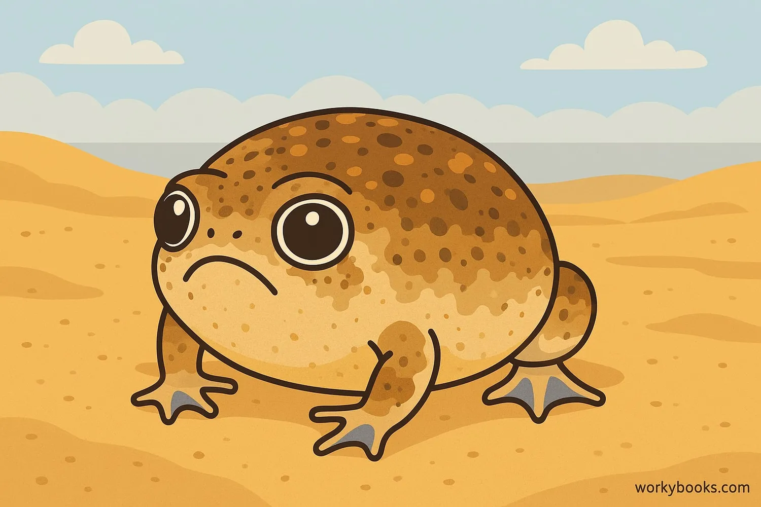 Close-up of a Desert Rain Frog showing its round body, short legs, and large eyes