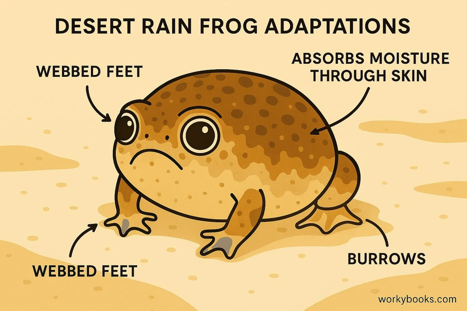 Diagram showing Desert Rain Frog adaptations: webbed feet for digging, bulging eyes for night vision, and ability to absorb moisture through skin