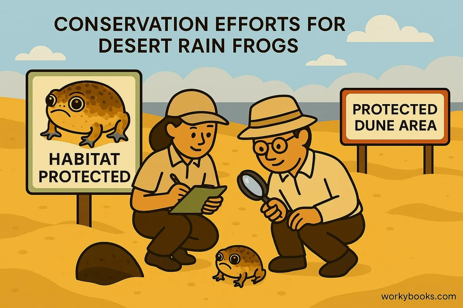 Conservation efforts for Desert Rain Frogs showing habitat protection and research activities