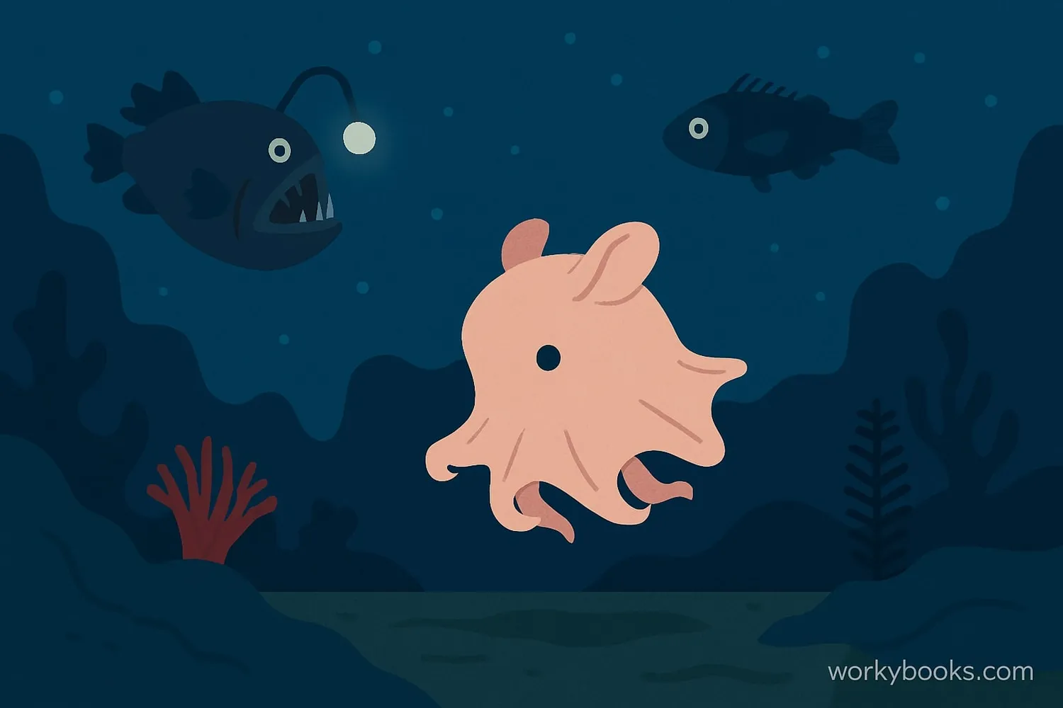 Deep ocean environment with Dumbo octopus