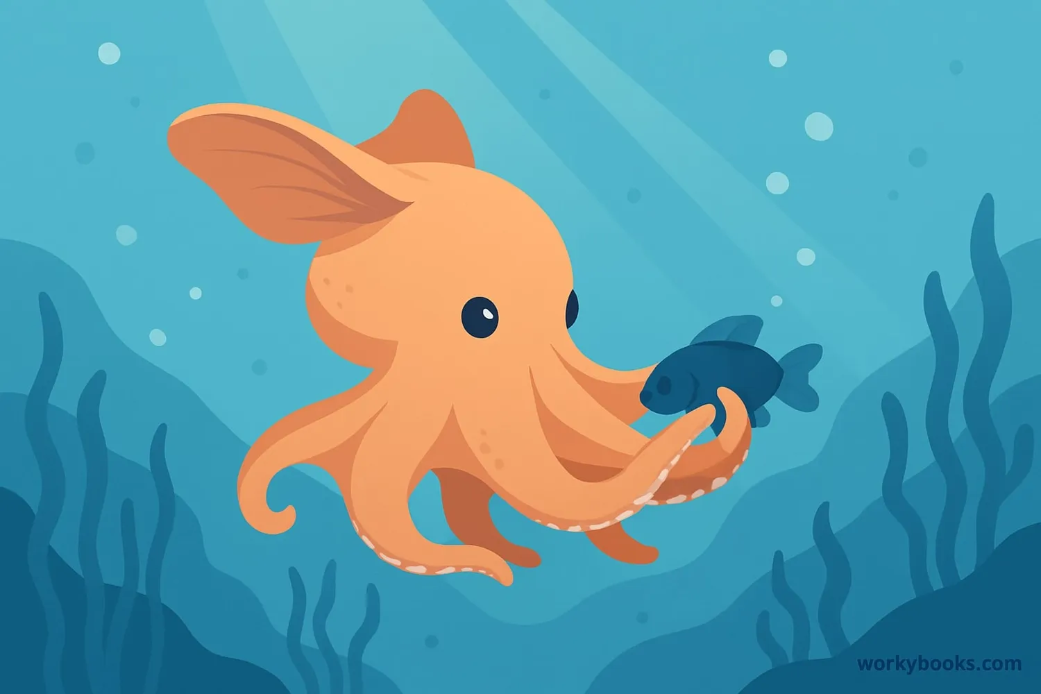 Dumbo octopus swimming and feeding