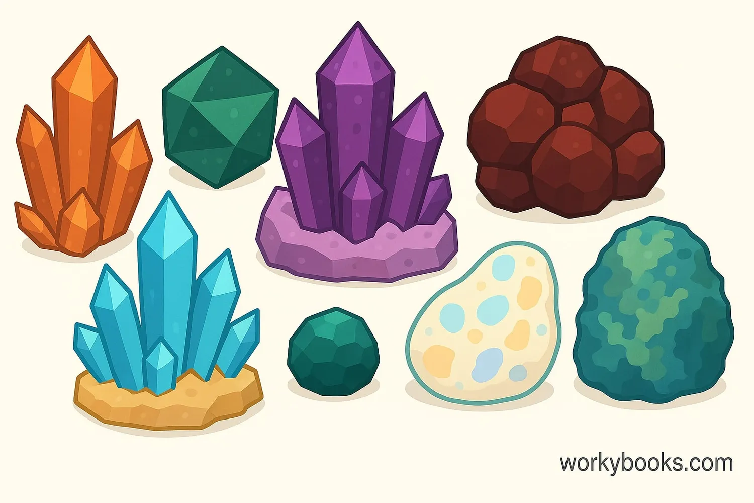 Collection of different minerals showing various colors and crystal shapes