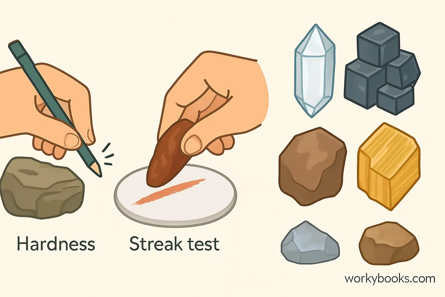 Illustration showing mineral properties: hardness test, streak plate, and luster examples