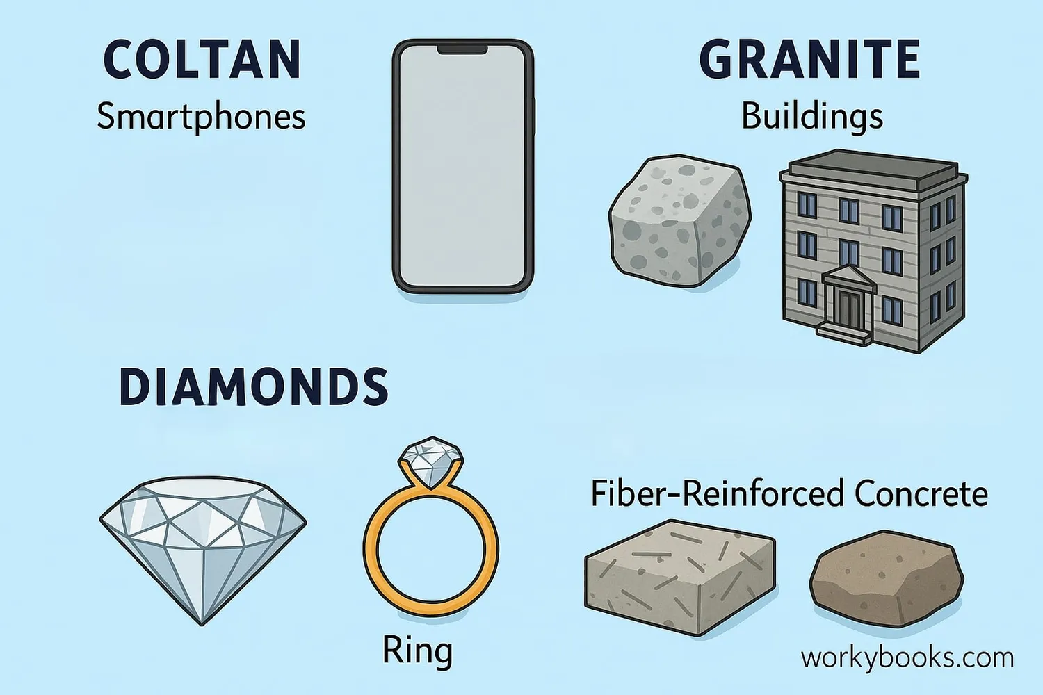 Collage showing minerals in everyday objects: electronics, buildings, jewelry, and composites