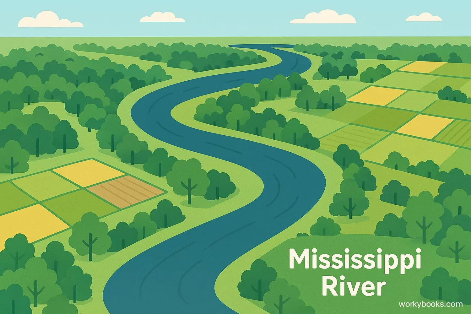 Aerial view of the winding Mississippi River through forested landscape