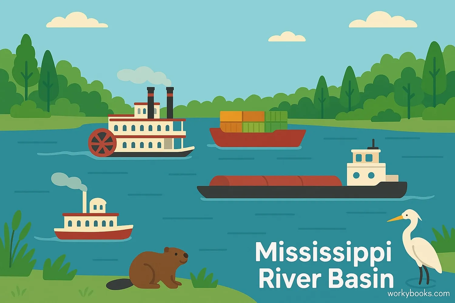 Illustration showing riverboats, cargo ships, and wildlife along the Mississippi River