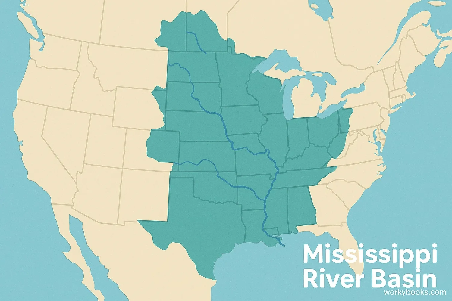 Map showing the Mississippi River basin covering much of the central United States