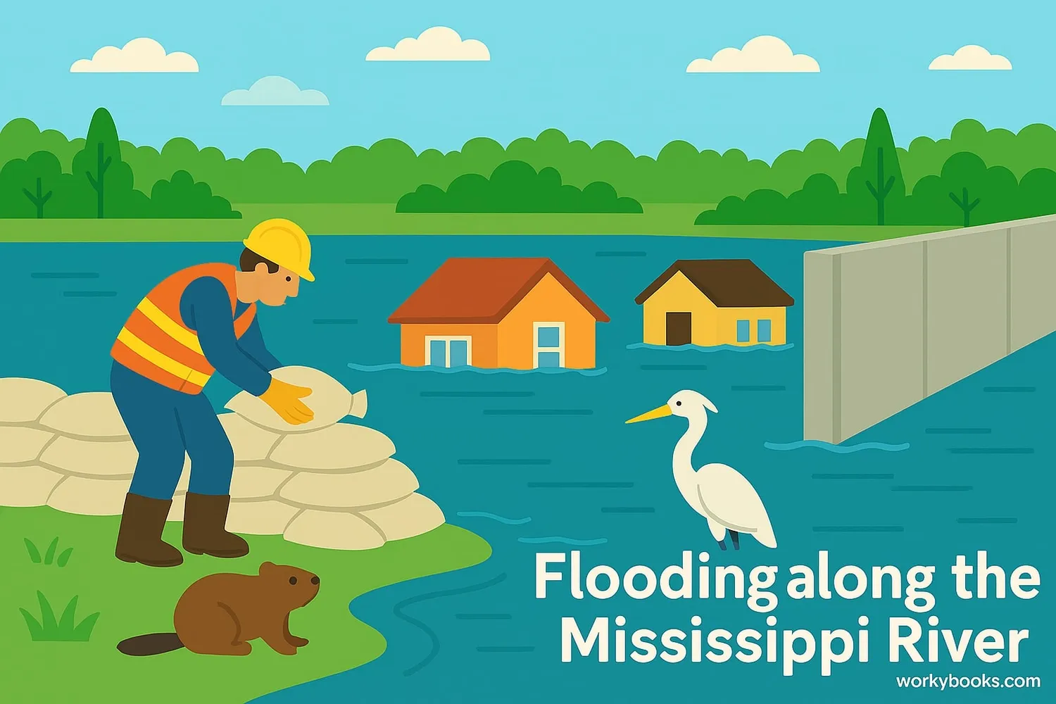 Illustration showing flooding along the Mississippi River and efforts to control it