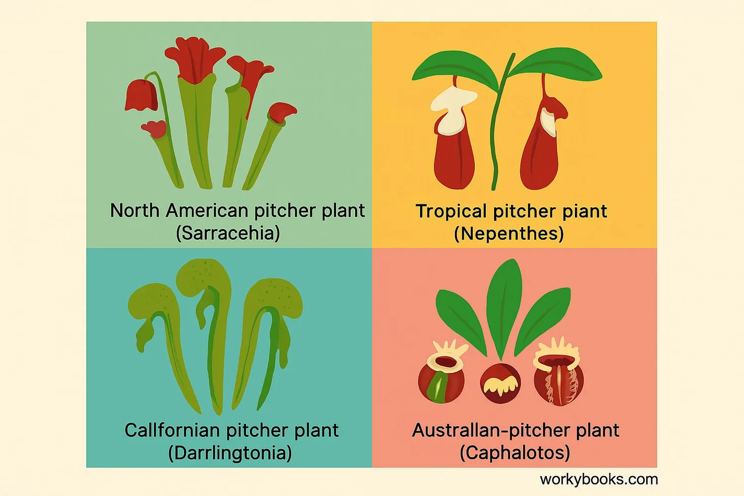 Collage showing different types of pitcher plants