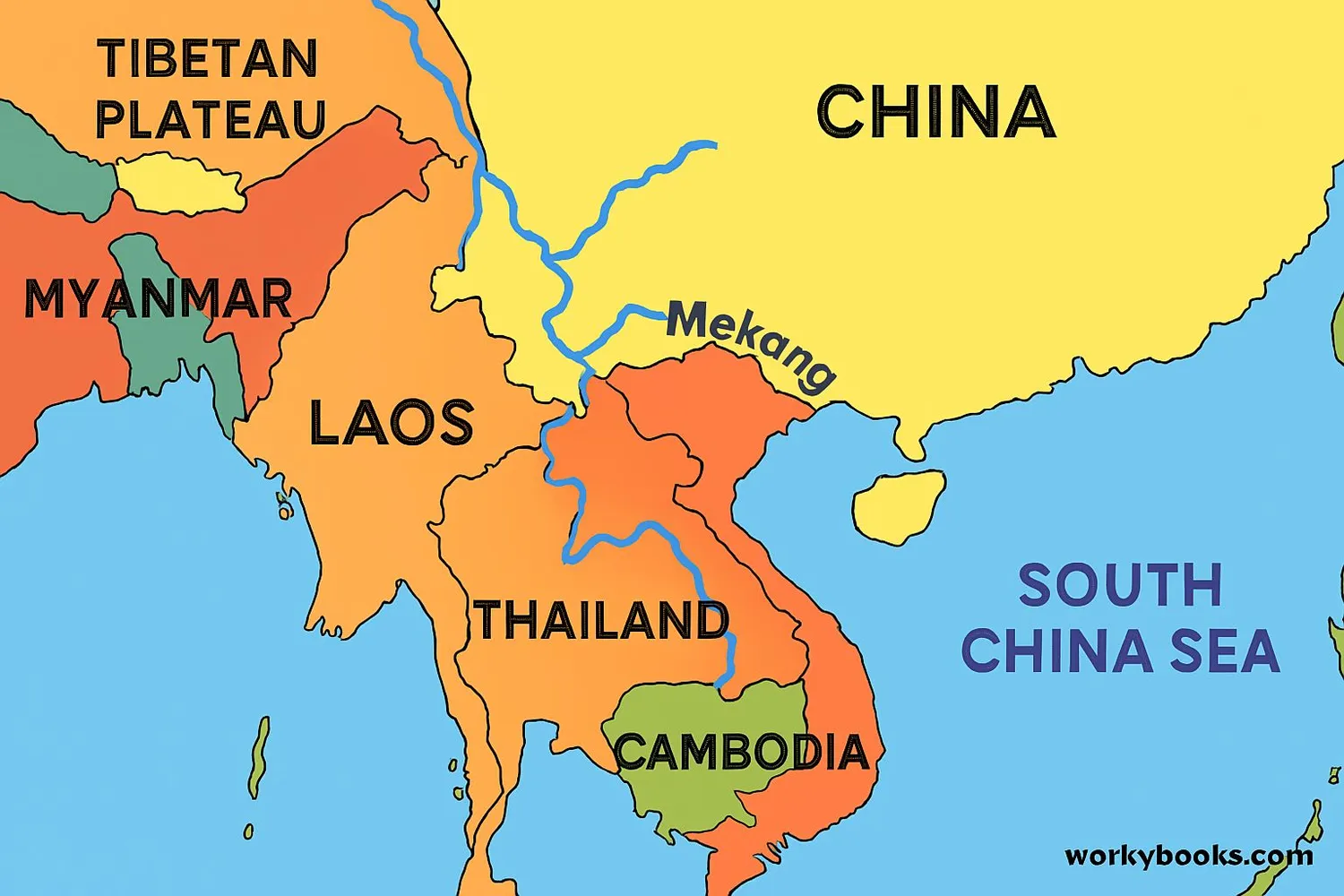 Map of Mekong River basin in Southeast Asia