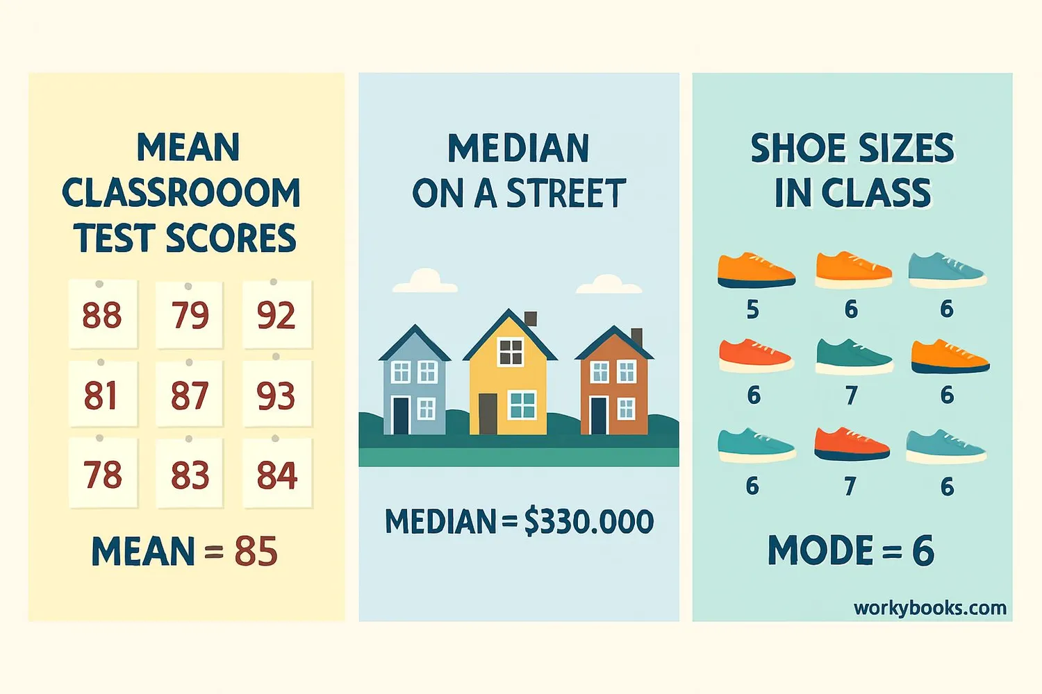 Everyday situations where mean, median, and mode are used