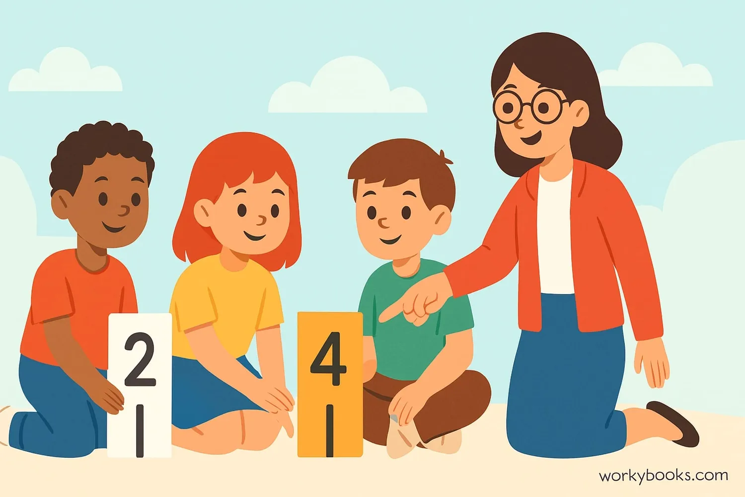 Children arranging height markers in order with the middle one highlighted