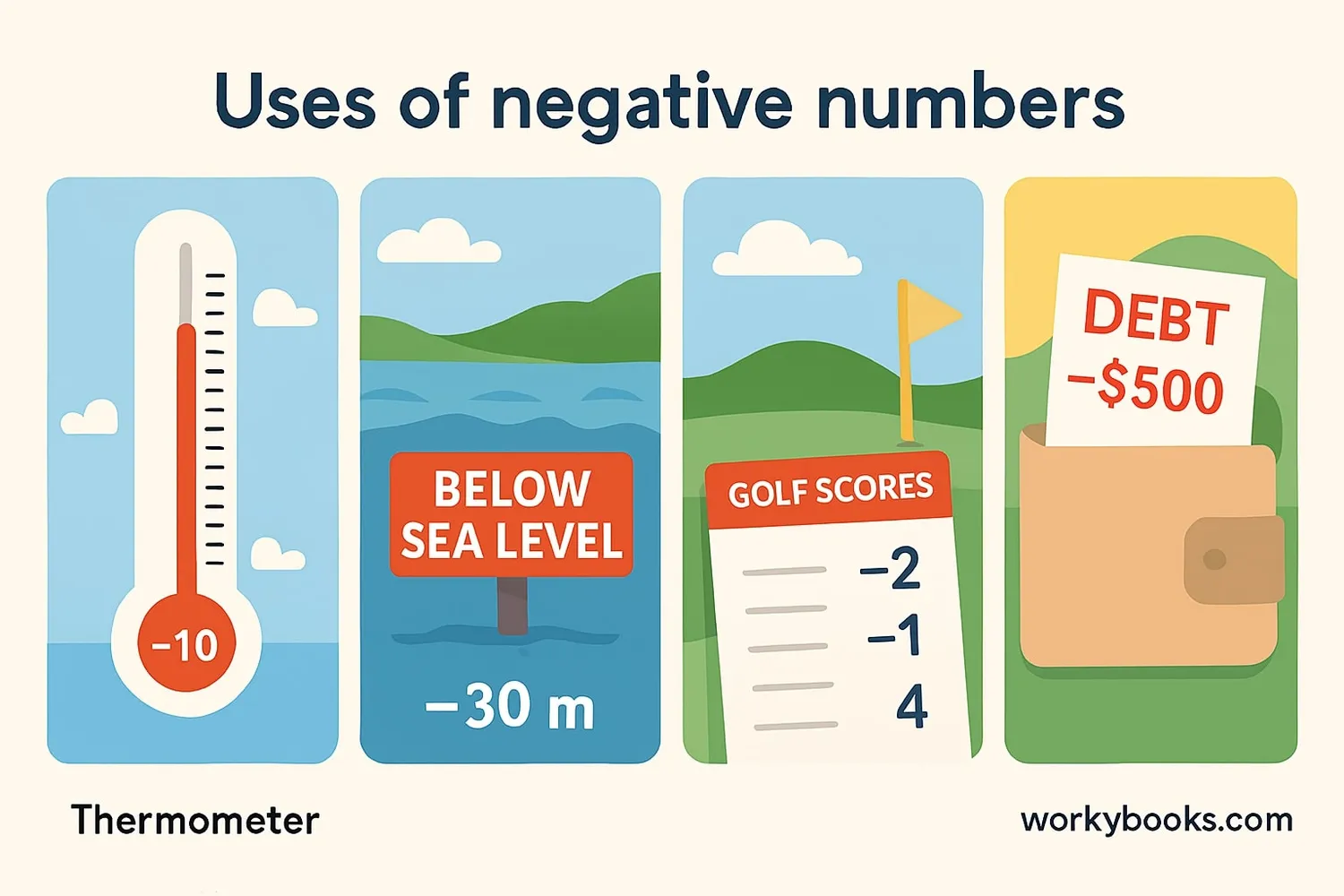 Collage showing: thermometer, below sea level location, golf scores, financial debt