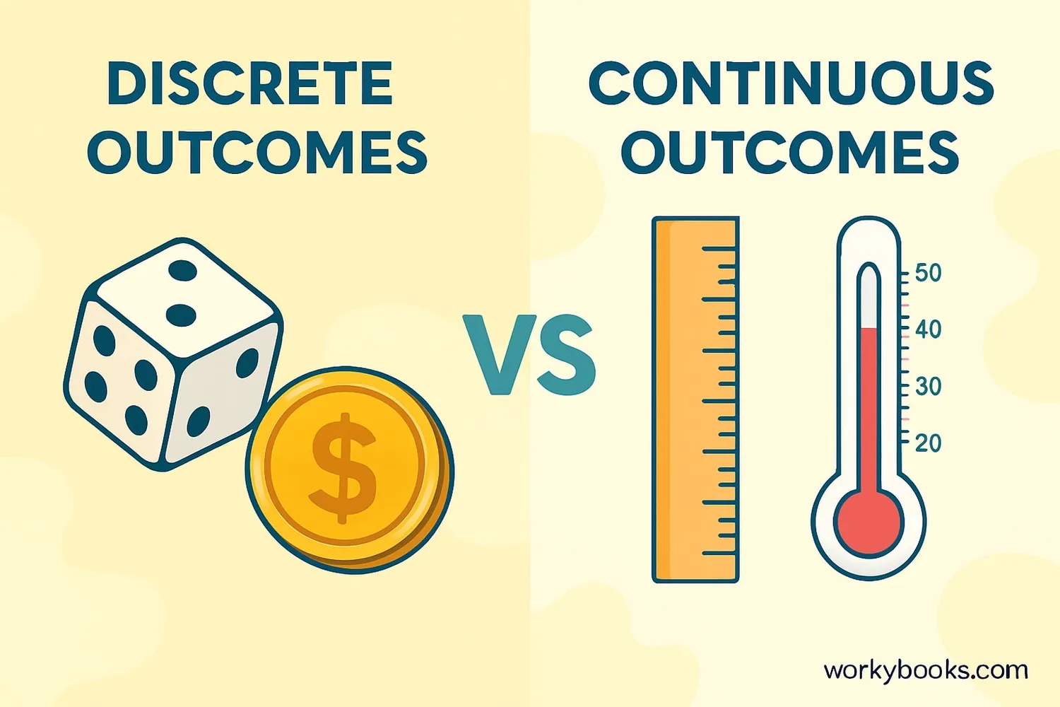 Illustration showing discrete outcomes (dice, coins) vs continuous outcomes (ruler measurements, thermometer readings)