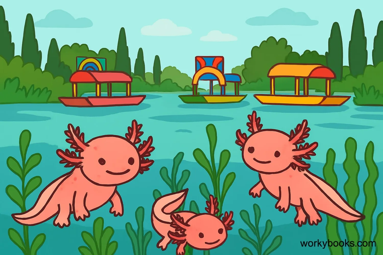 Illustration of Lake Xochimilco showing axolotls in their natural environment with aquatic plants