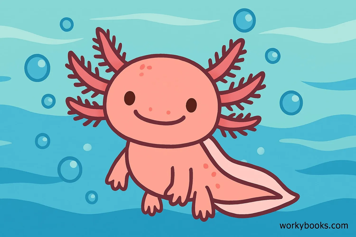Illustration of an axolotl showing its unique features including feathery gills and smiling face