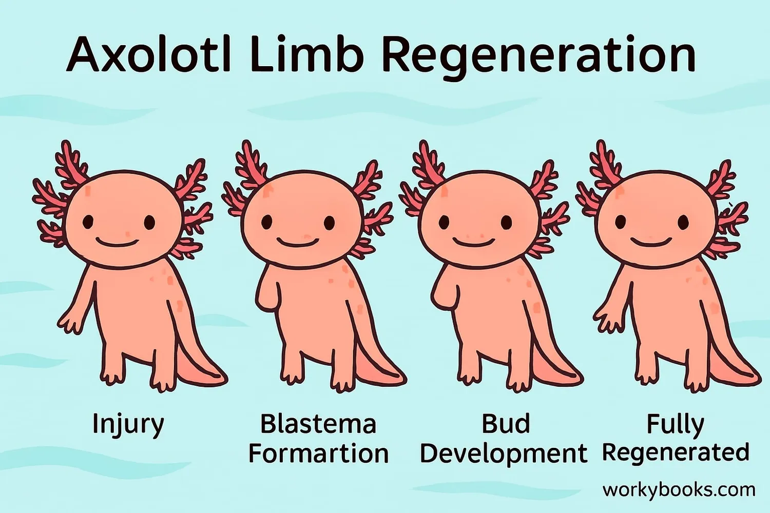 Diagram showing an axolotl regenerating a lost limb with different stages of regrowth