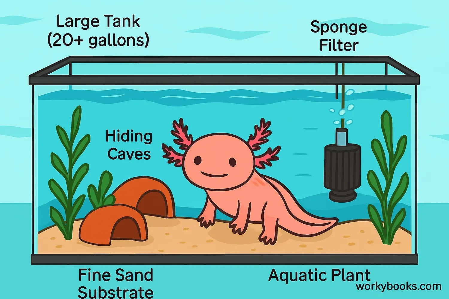 Proper axolotl aquarium setup with clean water, hiding places, and appropriate substrate