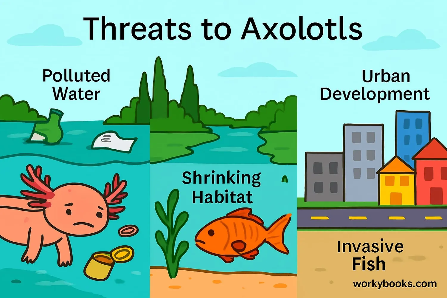 Illustration showing threats to axolotls including pollution, habitat loss, and invasive species