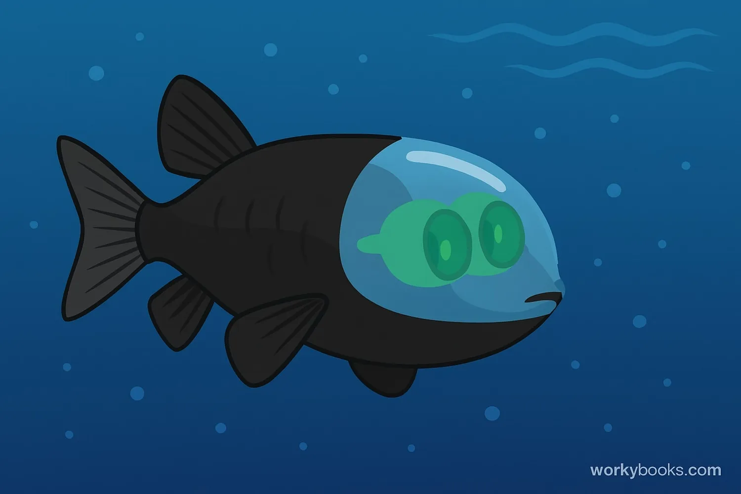 Visual representation of a barreleye fish showing its transparent head and tubular eyes