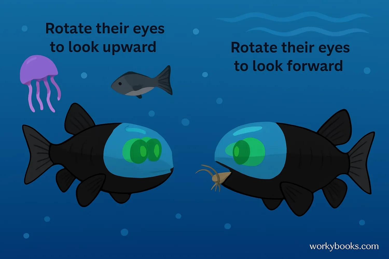 Diagram showing barreleye fish hunting with its rotating eyes