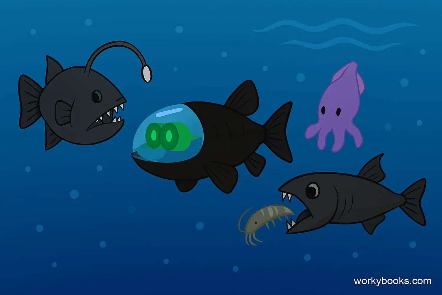 Illustration showing barreleye fish adaptations compared to other deep-sea creatures