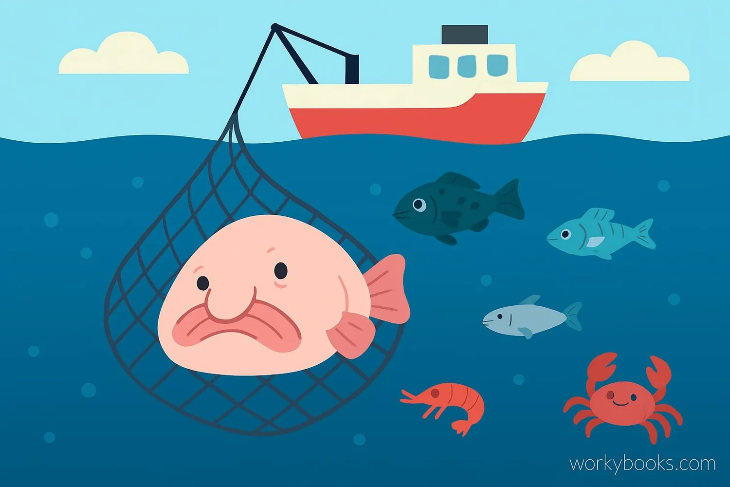 Deep sea trawler net catching fish including blobfish
