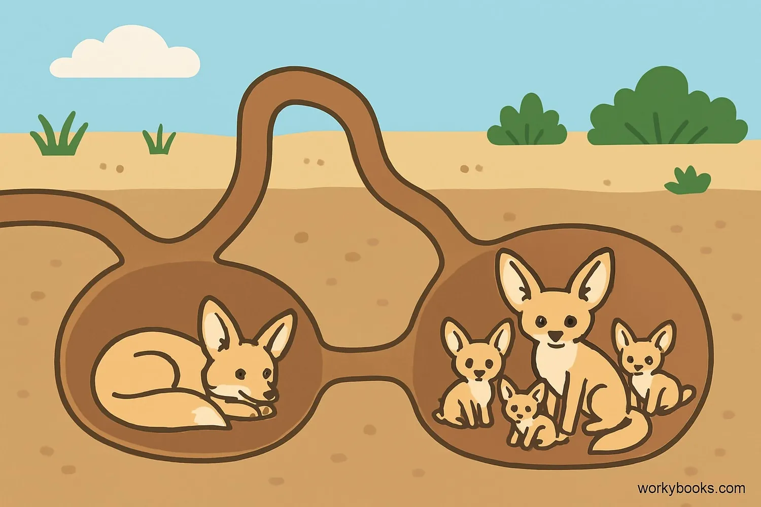 Illustration of a fennec fox burrow system