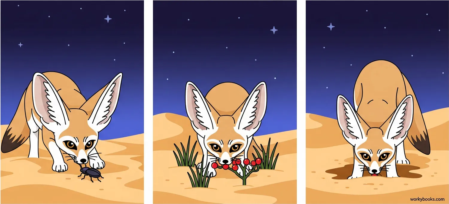 Illustration of fennec fox diet and hunting