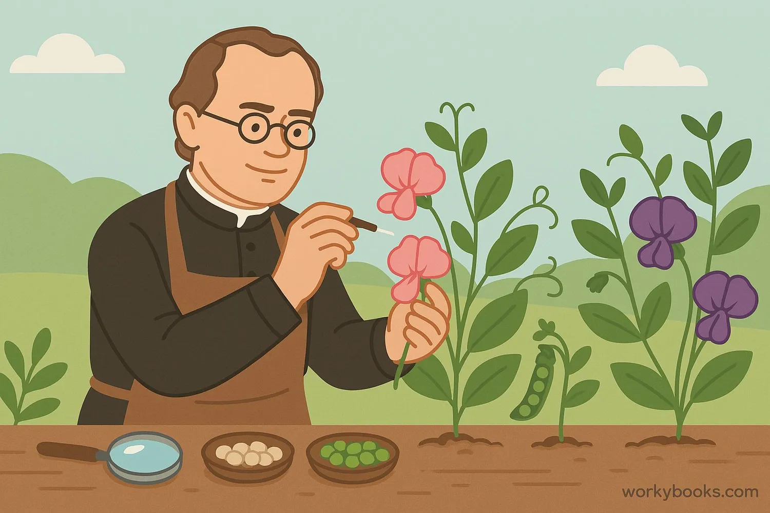 Gregor Mendel with pea plants.