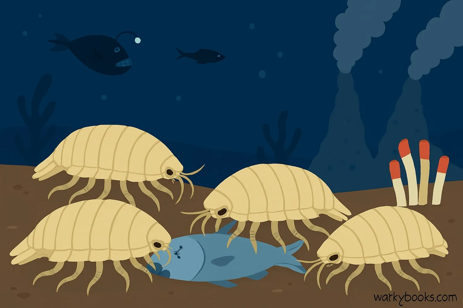 Illustration of giant isopods on the ocean floor