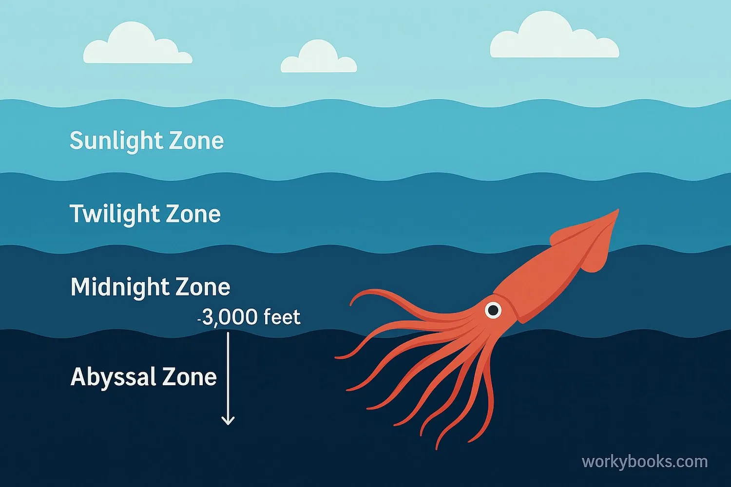 Giant squid habitat in deep ocean layers